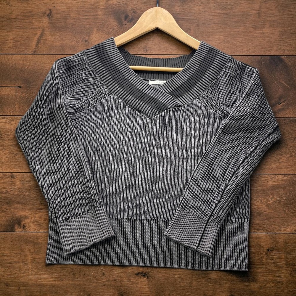 Rag & Bone Women S Ribbed Knit Cotton V-Neck Sweater Charcoal Gray Raglan Sleeve